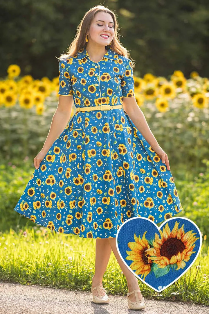 PREORDER - Penelope Blue Sunflower Dress - Expected dispatch date 10th of September