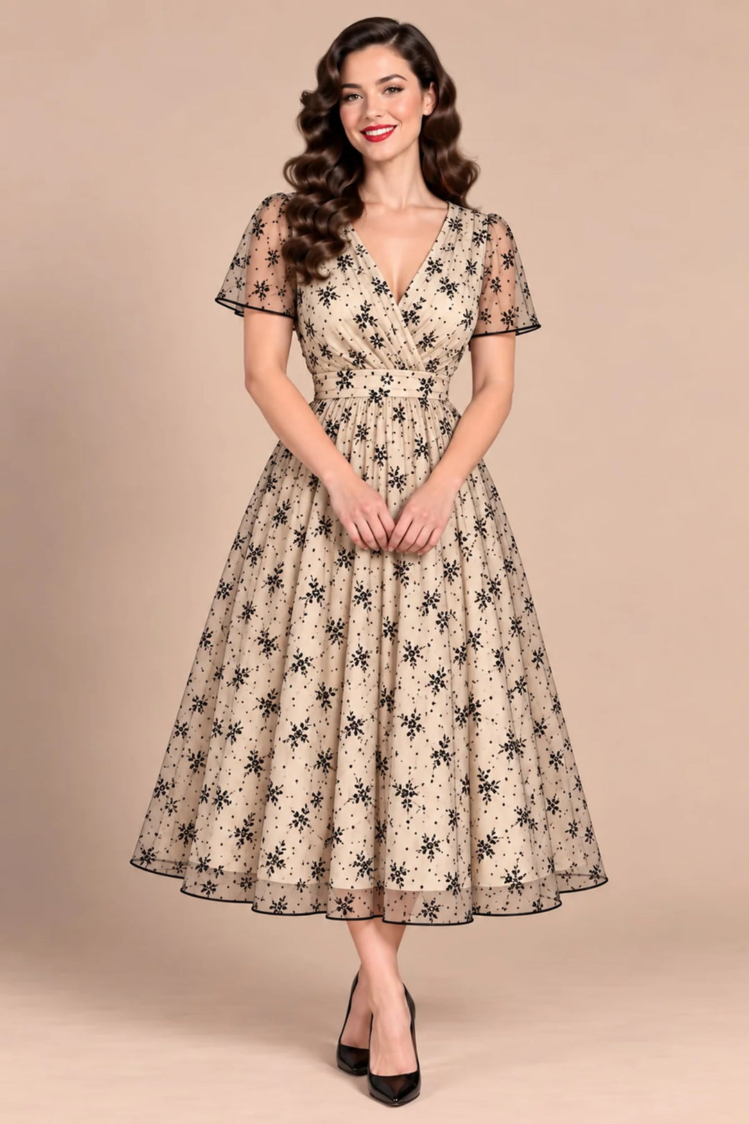 PREORDER - Marianne Beige Floral Mesh Dress - Expected dispatch January 2027