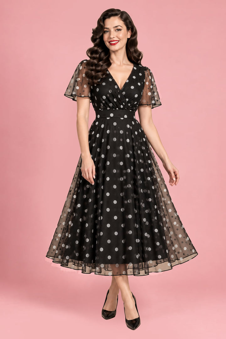 PREORDER - Marianne Black and White Polka Dot Mesh Dress - Expected dispatch January 2027