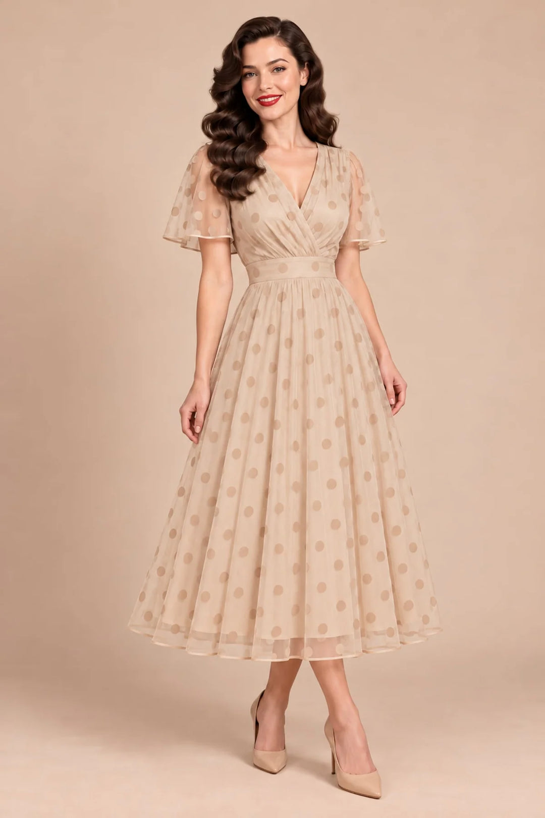 PREORDER - Marianne Champaign Polka Dot Mesh Dress - Expected dispatch January 2027