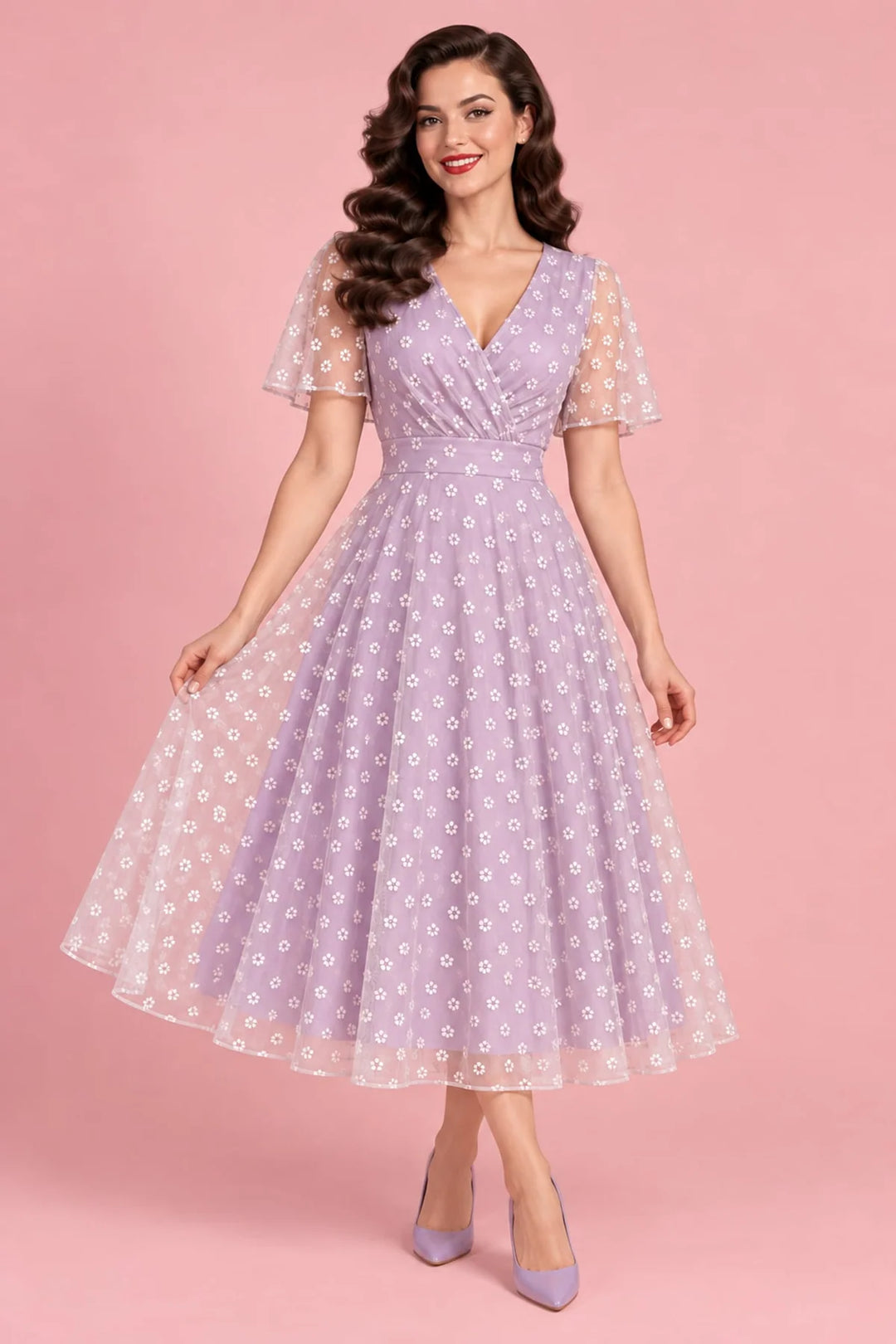PREORDER - Marianne Lilac White Daisy Mesh Dress - Expected dispatch January 2027