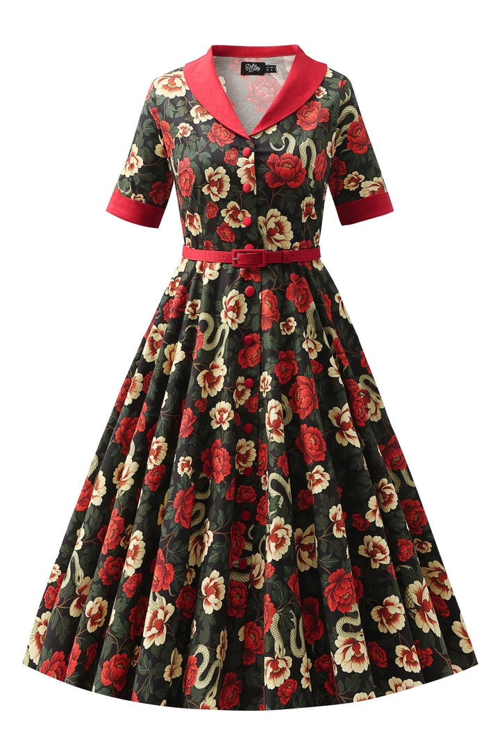 PREORDER - Mollie Black Snake & Rose Shirt Dress - Expected dispatch 1st of July