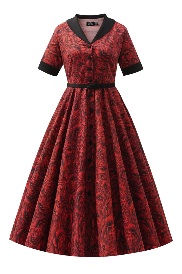 PREORDER - Mollie Gothic Red Peony Shirt Dress - Expected dispatch 1st of July