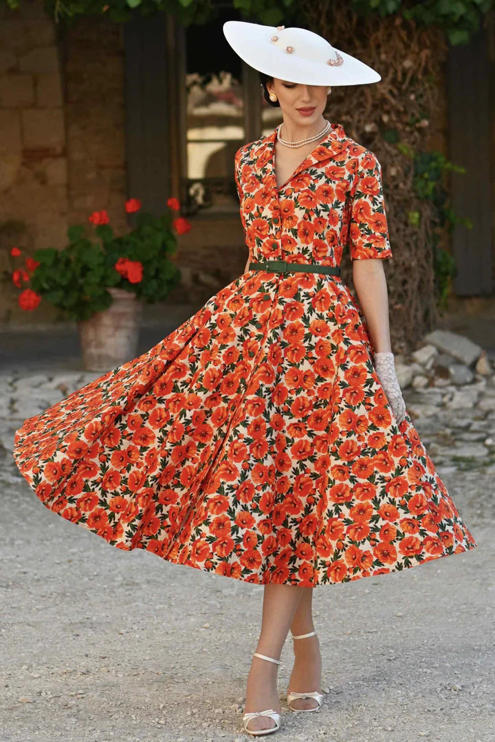 PREORDER - Mollie Orange Poppy Shirt Dress - Expected dispatch 1st September