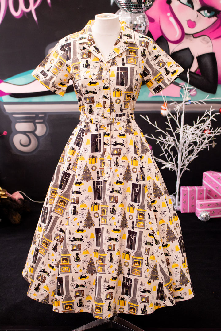 INSTOCK - Peggy Swing Dress - Retro Cats Christmas