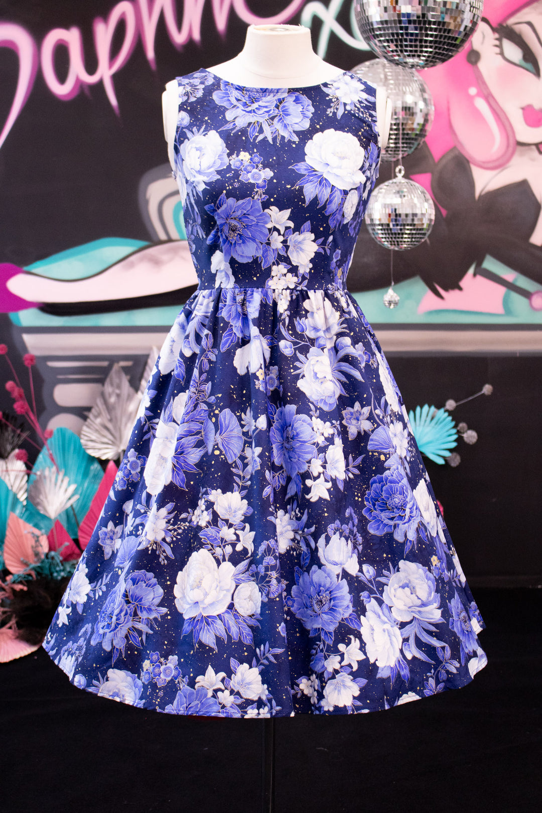 Metallic Blue Floral Vintage Dress
