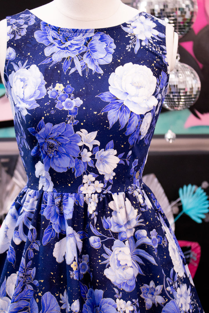 Metallic Blue Floral Vintage Dress
