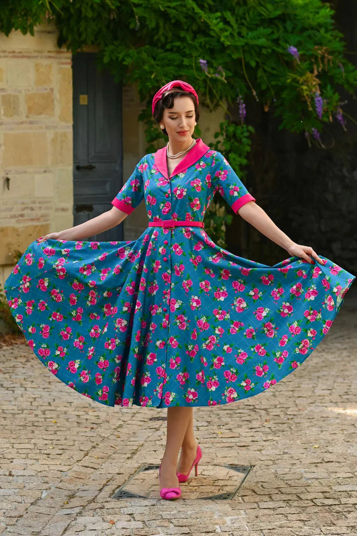 PREORDER - Mollie Blue & Pink Rose Shirt Dress - Expected dispatch 24th of June