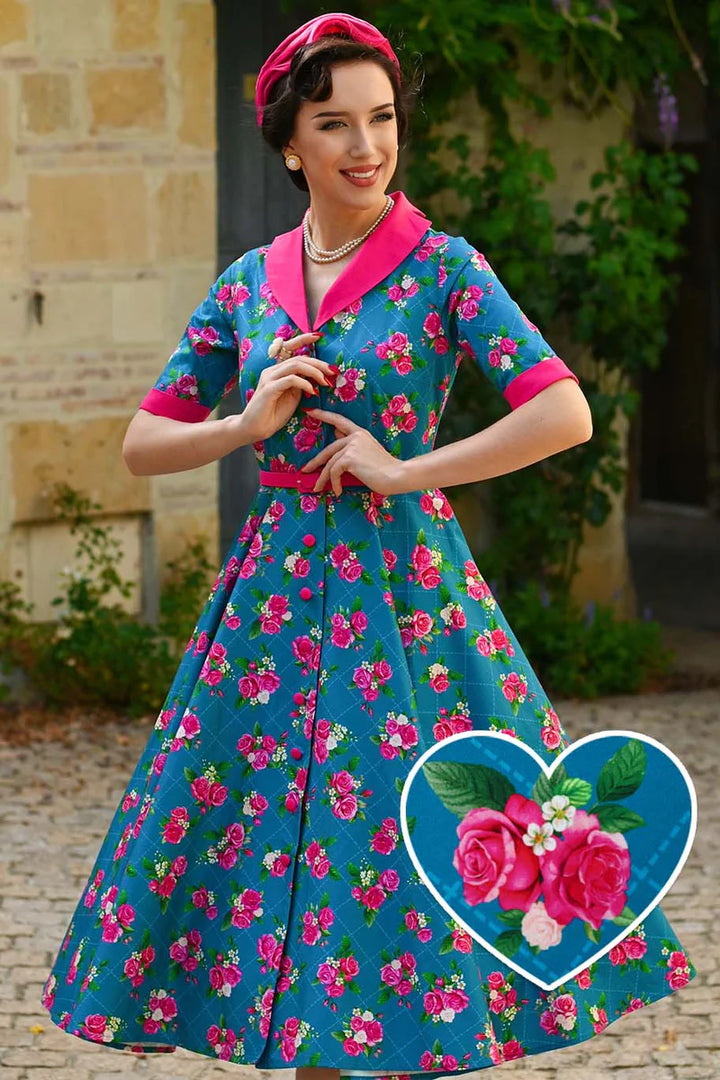 PREORDER - Mollie Blue & Pink Rose Shirt Dress - Expected dispatch 24th of June
