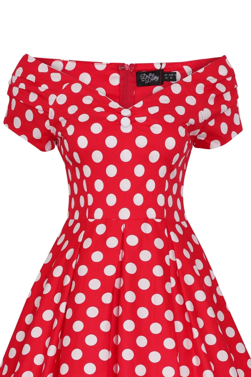 PREORDER - Lily Red and  Big White Polka Swing Dress - Expected dispatch 15th of September