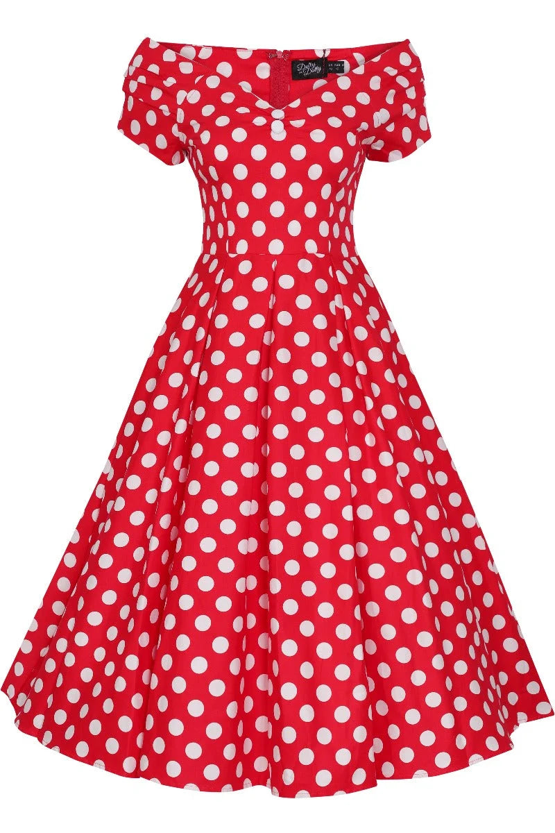 PREORDER - Lily Red and  Big White Polka Swing Dress - Expected dispatch 15th of September